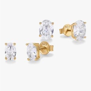 Gold-Plated 925 Cubic Zirconia Oval Stud Earrings - White